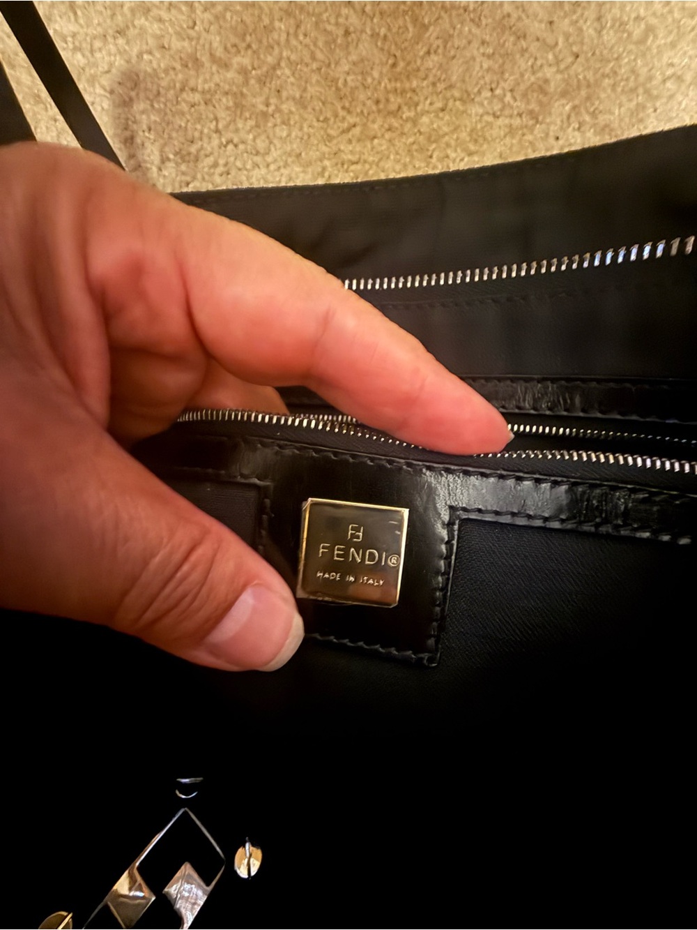 Fendi Black Messenger Bag with Gold Logo Plaque